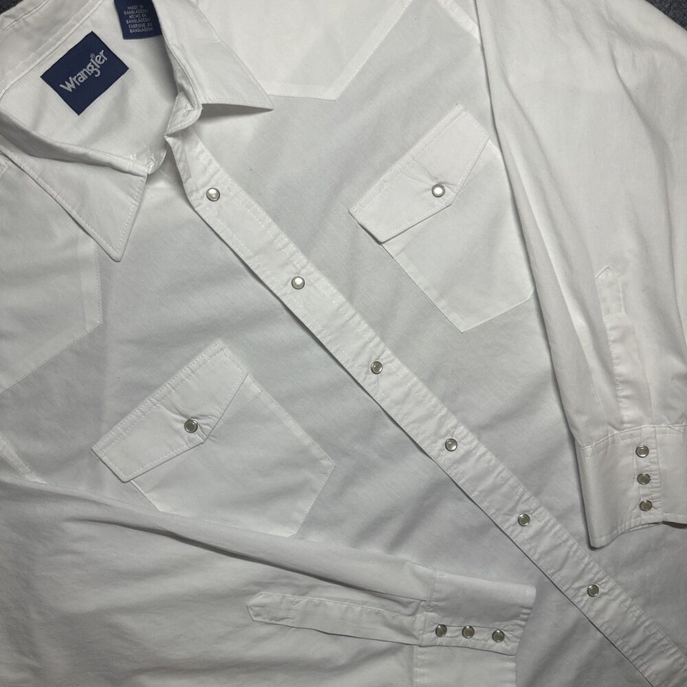 VTG Wrangler Brushpopper Shirt Pearl Snap Men's L White Rancher Rodeo Western